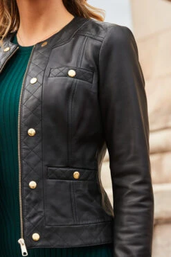 Black Quilted Round Neck Leather Jacket With Gold Buttons -Opal & Oak Store web 2308 07 a23dk123gn0001 s23ol001bk0001 07 243 1