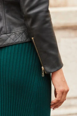 Black Quilted Round Neck Leather Jacket With Gold Buttons -Opal & Oak Store web 2308 07 a23dk123gn0001 s23ol001bk0001 07 249 1