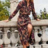 Black Baroque Print Belted Maxi Shirt Dress