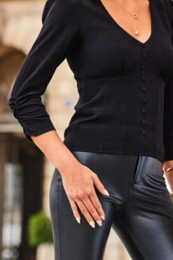 Black Button Front Ruched Sleeve Top -Opal & Oak Store web 2308 125 a23tw040bk0001 125 214