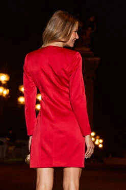 Red Satin Buckle Detail Wrap Front Blazer Dress -Opal & Oak Store web 2308 12 s23dw108rd0001 12 138