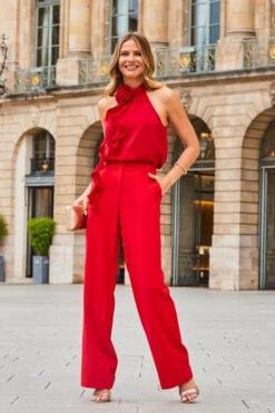 Red Satin Corsage Ruffle Detail Halter Neck Top -Opal & Oak Store web 2308 32 a23tw093rd0021 a22bw006rd0001 32 024 1