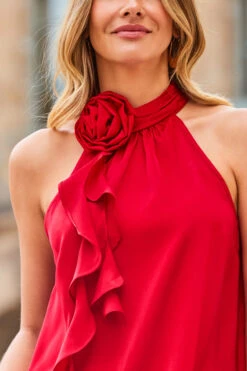 Red Satin Corsage Ruffle Detail Halter Neck Top -Opal & Oak Store web 2308 32 a23tw093rd0021 a22bw006rd0001 32 416