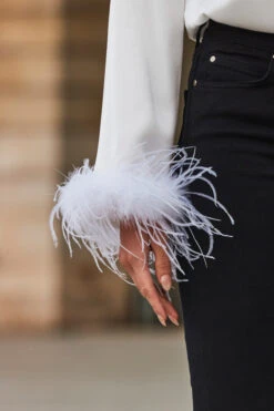 White Premium Satin Feather Cuff Top -Opal & Oak Store web 2308 46 a23tw009wh0001 46 238