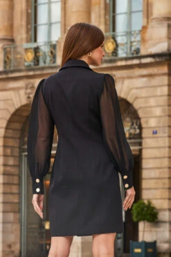 Black Sheer Sleeve Gold Button Blazer Dress -Opal & Oak Store web 2308 47 a23dw096bk0001 47 247