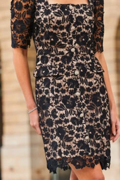 Black Luxe Lace Embellished Button Front Shift Dress -Opal & Oak Store web 2308 51 a23dw002bk0001 51 234 rt