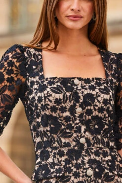 Black Luxe Lace Embellished Button Front Shift Dress -Opal & Oak Store web 2308 51 a23dw002bk0001 51 238 rt