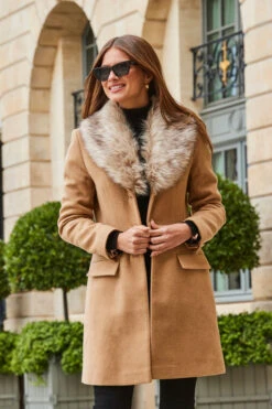 Camel Faux Fur Collar Coat -Opal & Oak Store web 2308 55 a23ow016bn0002 55 134