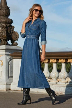Mid Blue Fit & Flare Buckle Detail Denim Midi Dress -Opal & Oak Store web 2308 68 a23dd017be0010 68 280 rt