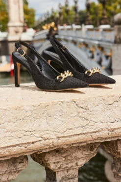 Ariana Black Boucle Chain Detail Slingback Court Shoe -Opal & Oak Store web 2308 88 a23tj009bk0001 88 232