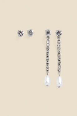 Silver Diamante Stud & Pearl Drop Earrings Set Of Two