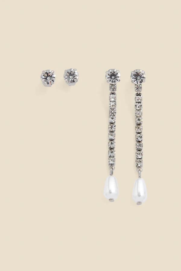 Silver Diamante Stud & Pearl Drop Earrings Set Of Two 1 Silver Diamante Stud & Pearl Drop Earrings Set Of Two