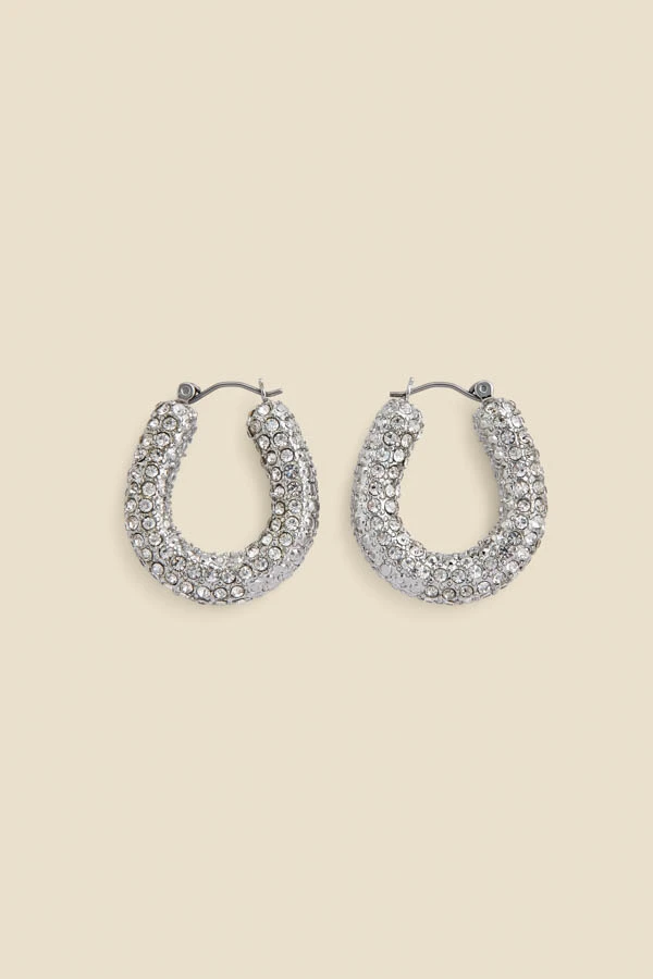 Silver Rhinestone Detail Chunky Hoop Earrings 2 Silver Rhinestone Detail Chunky Hoop Earrings - Image 2