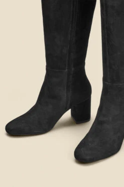 Black Stretch Suede Low Block Heel Knee High Boot -Opal & Oak Store web 2308 box a23fw009bk0001 c 1