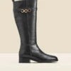 Black Leather Flat Knee High Boot With Metal Trim