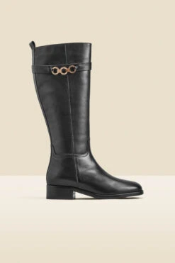 Black Leather Flat Knee High Boot With Metal Trim