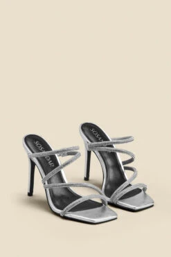 Silver Leather Diamante Strap Square Toe Sandal