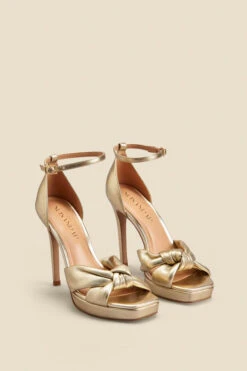 Gold Leather Knot Detail Platform Heels