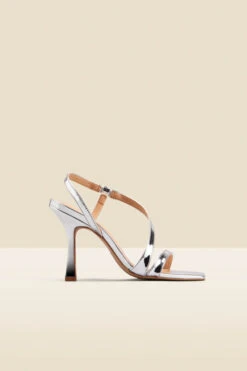 Silver Leather Square Toe Flared Heel Cross Strap Sandal -Opal & Oak Store web 2308 box a23fw087mc0005 a