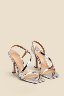 Silver Leather Square Toe Flared Heel Cross Strap Sandal -Opal & Oak Store web 2308 box a23fw087mc0005 b