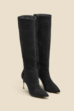 Black Suede Knee High Boot With Gold Heel Detail