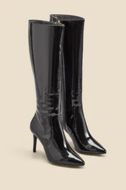 Black Patent Leather Stiletto Knee High Boots