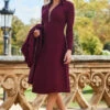 Wine Lace Detail Fit & Flare Premium Knitted Dress