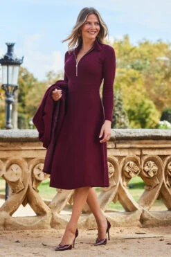 Wine Lace Detail Fit & Flare Premium Knitted Dress