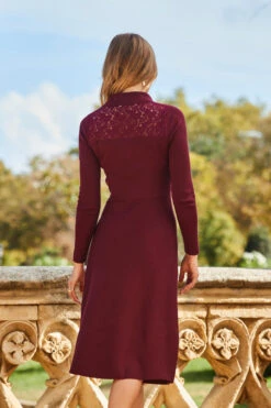 Wine Lace Detail Fit & Flare Premium Knitted Dress -Opal & Oak Store web 2309 04 a23dk290rd0011 04 395