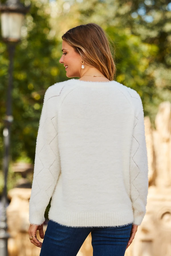 Cream Pointelle Pearl Embellished Jumper 3 Cream Pointelle Pearl Embellished Jumper - Image 3