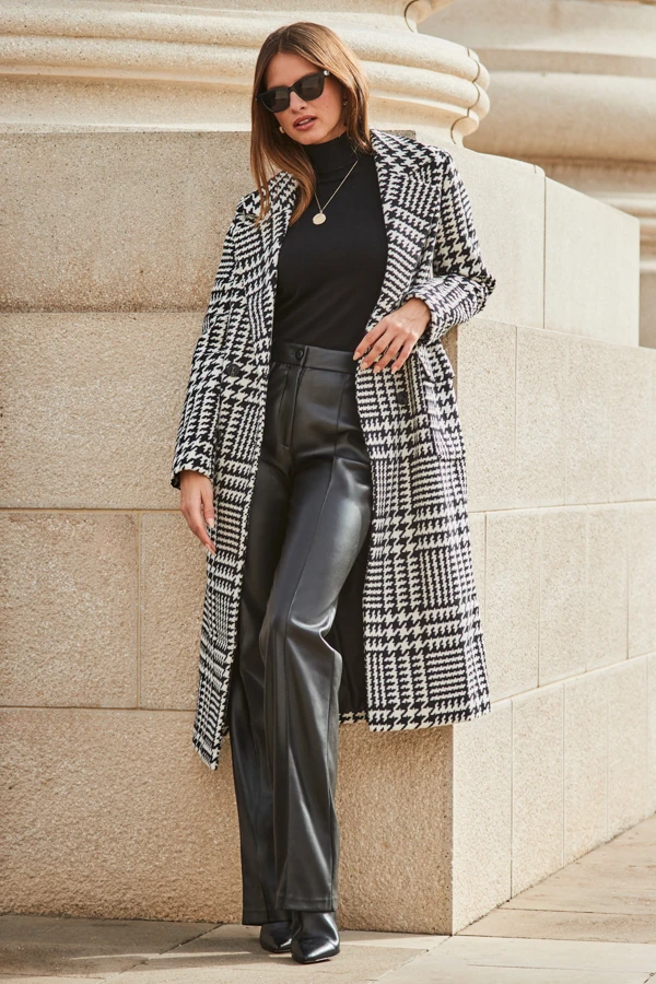 Black & White Dogtooth Print Longline Coat 2 Black & White Dogtooth Print Longline Coat - Image 2