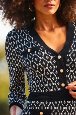 Black Geometric Print Gold Button Detail Knitted Dress -Opal & Oak Store web 2309 104 a23dk250bk0001 104 304