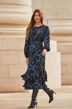 Black & Blue Chain Print Ruffle Hem Fit & Flare Dress -Opal & Oak Store web 2309 107 a23dw083bkcv01 107 027