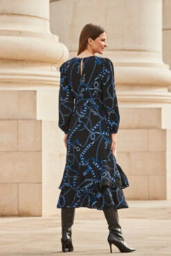 Black & Blue Chain Print Ruffle Hem Fit & Flare Dress -Opal & Oak Store web 2309 107 a23dw083bkcv01 107 138