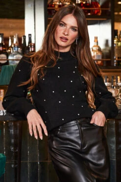 Black Blouson Sleeve Embellished Jumper -Opal & Oak Store web 2309 109 a23tk263bk0001 109 007