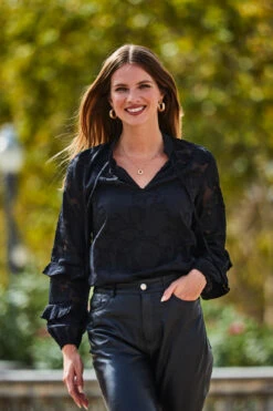 Black Floral Jacquard Ruffle Sleeve Blouse -Opal & Oak Store web 2309 111 a23tw042bk0001 111 083