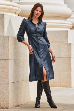 Navy Blue Faux Leather Popper Front Shirt Dress