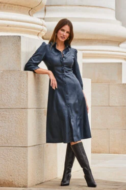 Navy Blue Faux Leather Popper Front Shirt Dress -Opal & Oak Store web 2309 114 a20dp004be0003 114 072 rc