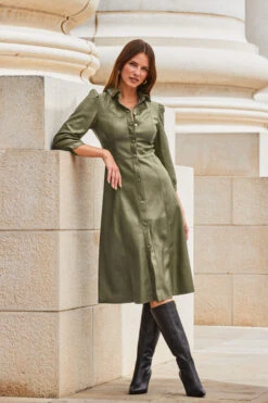 Khaki Green Faux Leather Popper Front Shirt Dress -Opal & Oak Store web 2309 114 a20dp004gn0002 114 072 rc