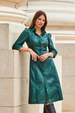 Green Faux Leather Popper Front Shirt Dress -Opal & Oak Store web 2309 114 a20dp004gn0030 114 078