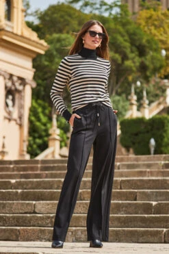 Black & Cream Stripe Print Roll Neck Gold Zip Detail Jumper -Opal & Oak Store web 2309 117 a20tk008bkwe01 117 018