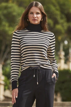 Black & Cream Stripe Print Roll Neck Gold Zip Detail Jumper -Opal & Oak Store web 2309 117 a20tk008bkwe01 117 058 2
