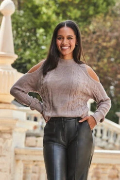 Taupe Cable Knit Cut Out Shoulder Jumper -Opal & Oak Store web 2309 125 a23tk198bn0003 125 084