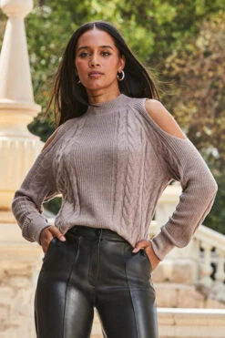 Taupe Cable Knit Cut Out Shoulder Jumper -Opal & Oak Store web 2309 125 a23tk198bn0003 125 134