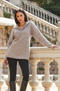 Natural Rib Knit Half Zip Longline Jumper -Opal & Oak Store web 2309 127 a23tk261bn0024 127 024