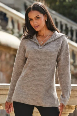 Natural Rib Knit Half Zip Longline Jumper