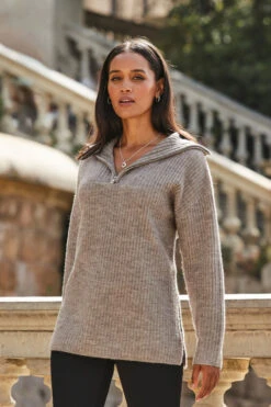 Natural Rib Knit Half Zip Longline Jumper -Opal & Oak Store web 2309 127 a23tk261bn0024 127 097