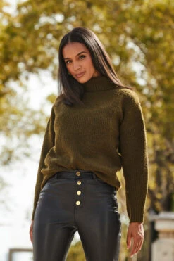 Khaki Green Chevron Roll Neck Ribbed Jumper -Opal & Oak Store web 2309 128 a22tk484gn0002 128 197