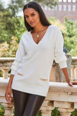 Ivory Fine Knit Gold Chain Pocket Detail Jumper