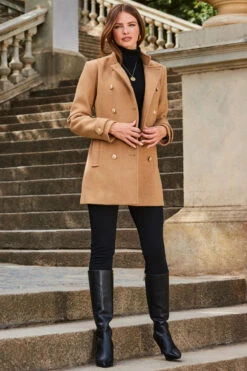 Camel Coat With Gold Button Detail -Opal & Oak Store web 2309 140 a23ow002bn0002 140 072